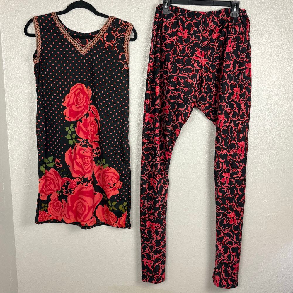 Approx Size S/M Kurta Set Top & Pants Stretch Elastic Floral Boho Paisley Design